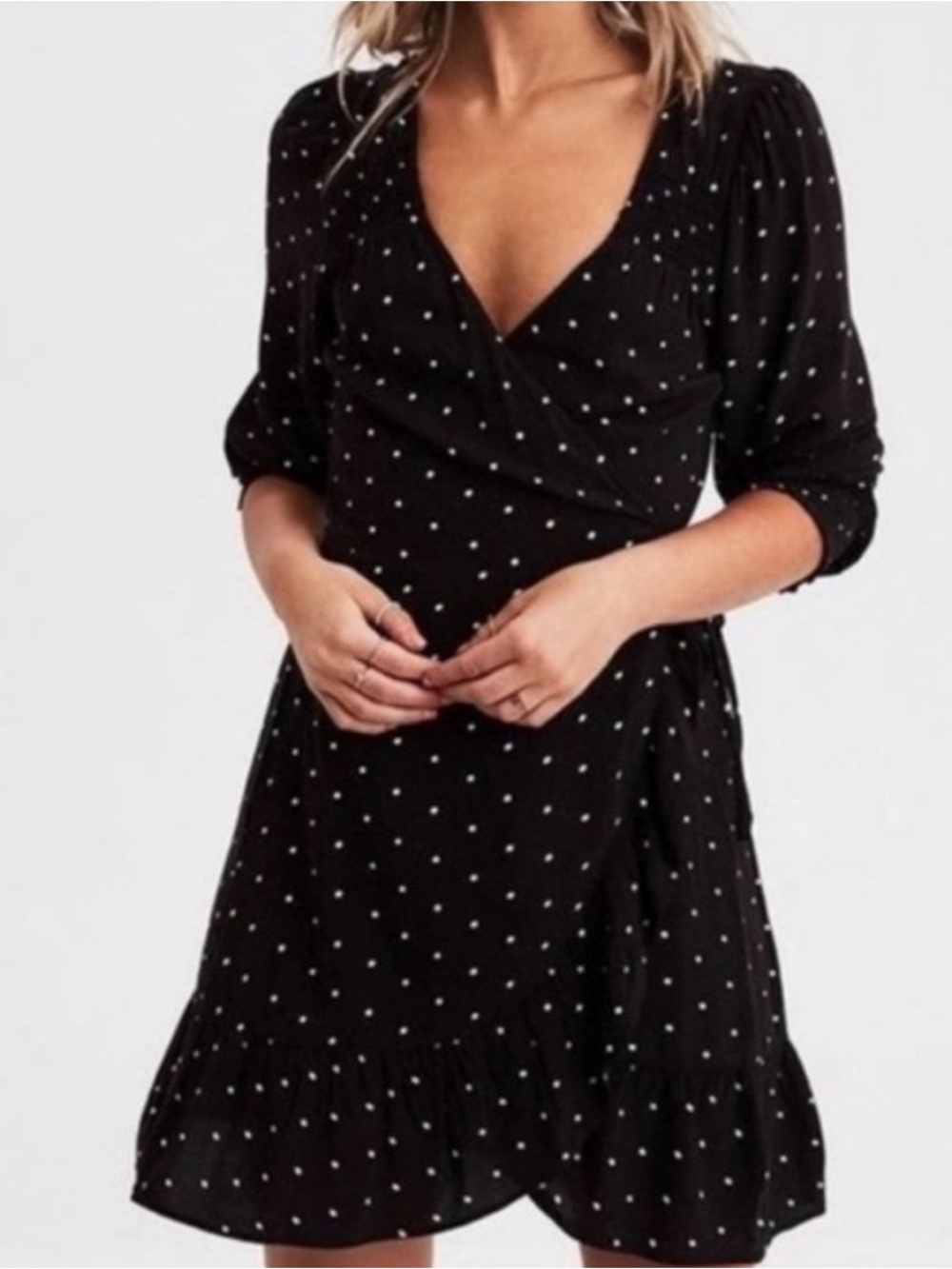 American Eagle Outfitters NWT Polka Dot Long-Sleeve Wrap Mini Dress size medium